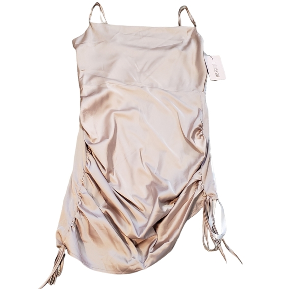 Missguided Size 12 Blush Pink Satin Cowl Neck Ruched Mini Dress High Low Sides - Picture 1 of 11